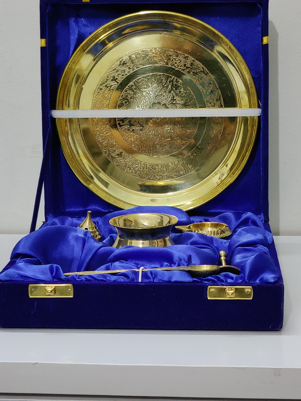 BulkySanta Pure Brass Pooja Thali Set | Brass Plate Size - 7 inches (Set of 7 - Plate, Lota, Ghanti, agarbati stand, kachhua diya, spoon, tiny plate/bowl) WITH BOX