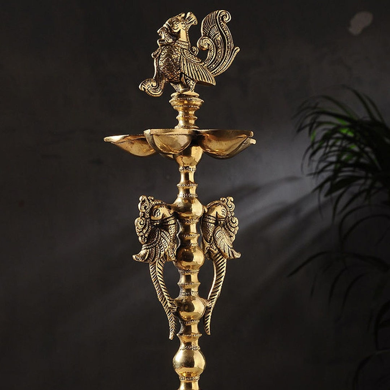 Traditional Hindu Brass Peacock Diya Stand